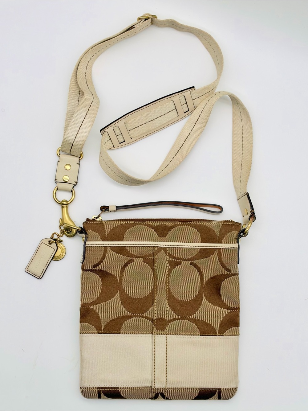 Coach Signature Stripe Swingpack Khaki Canvas Crossbody Bag 10129